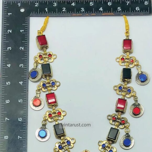 Tribal Necklace with Colorful Stones, Gypsy Belly Dance Necklace, Afghan Kuchi - Picture 6 of 9